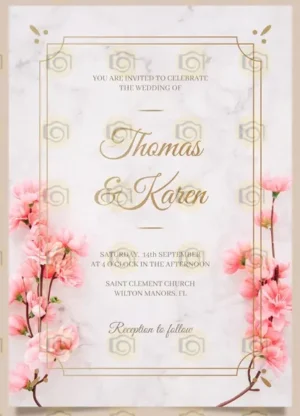 Stylish Marble Wedding Invitation Embellished With Pink Flowers, Conveying A Sense Of Elegance And Love